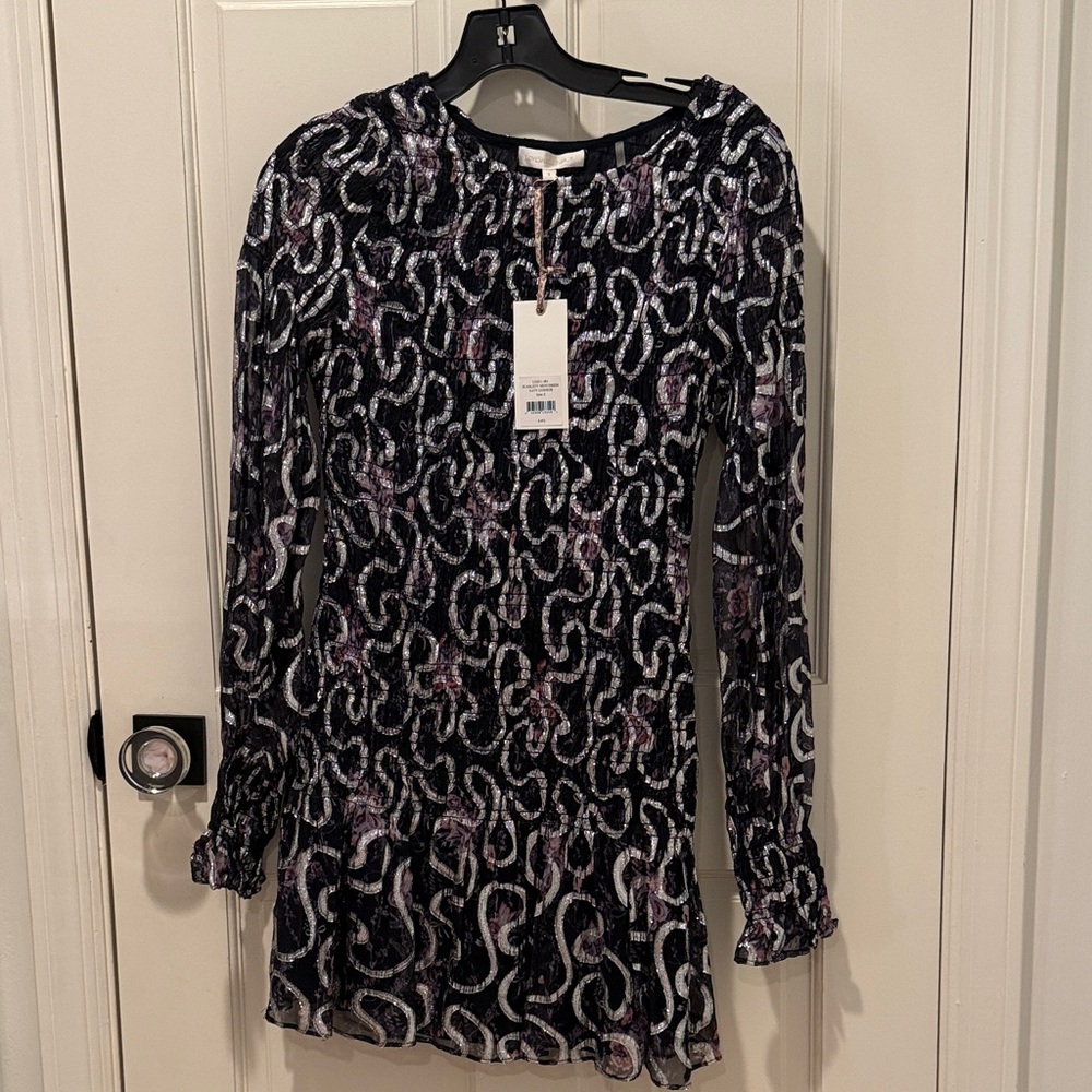 LoveShackFancy Black and Pink Patterned Long Sleeve Dress